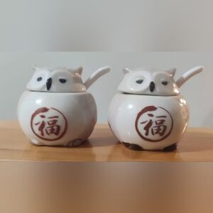 Two Japanese Owl Condiment Sauce Dip Dish with Lid and Spoon 2.5"